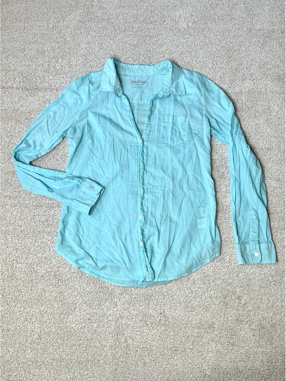 Lilly Pulitzer Aqua Blue Cotton Button Down Shirt Women’s M Long Sleeve